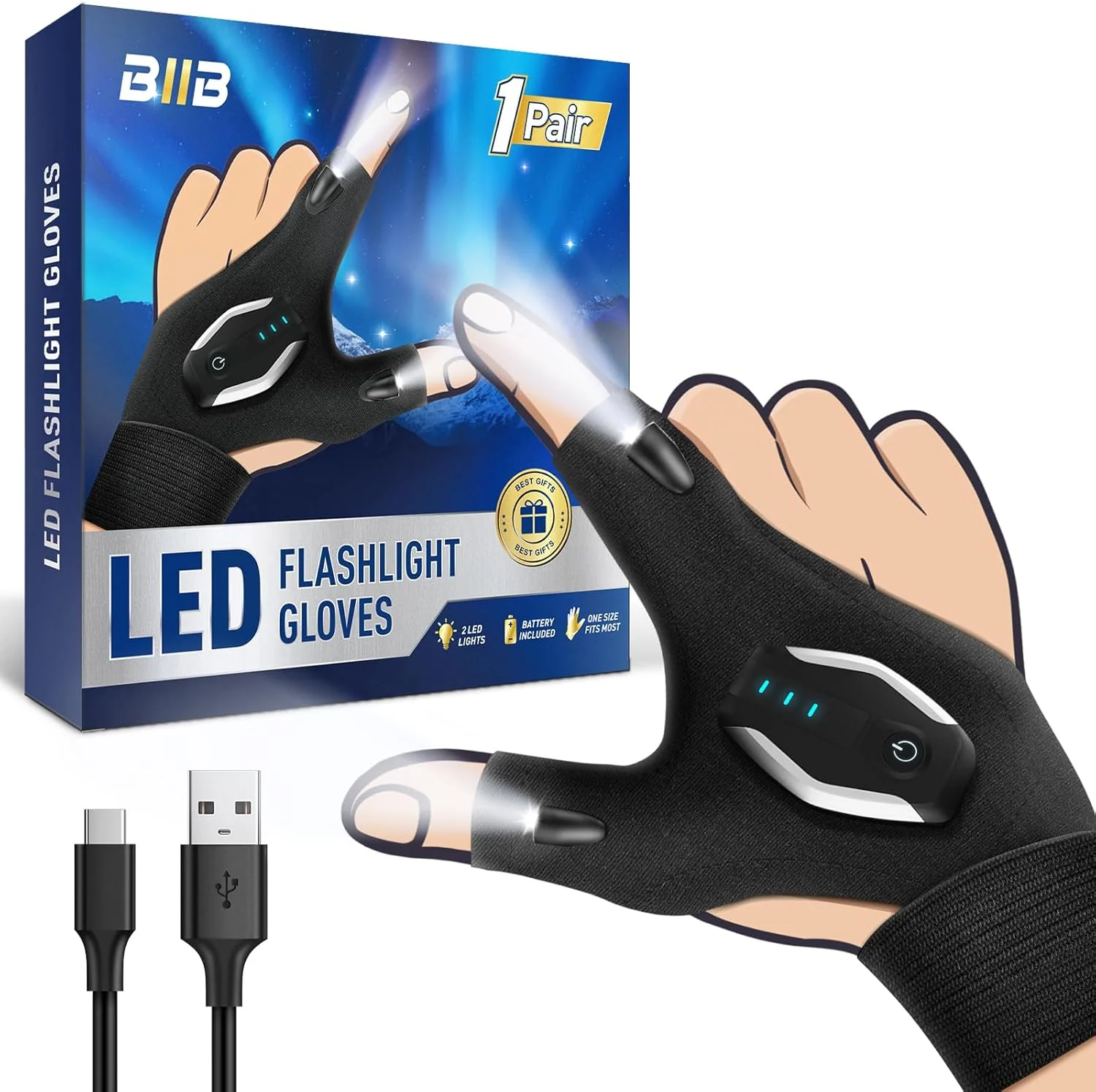 1-Pair BIIB Rechargeable LED Flashlight Gloves (Black)