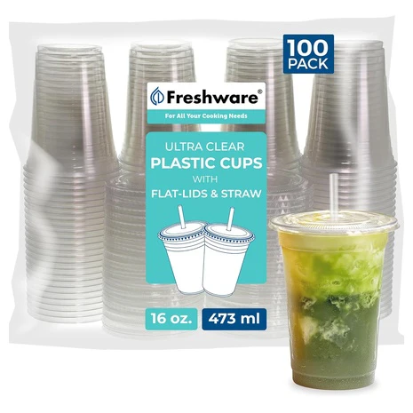 100 16oz Clear Plastic Cups with Flat Lids and Straws