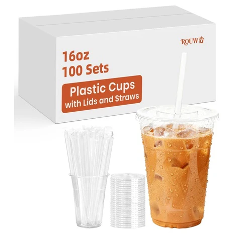 100 16oz Clear Plastic Cups with Lids & Straws