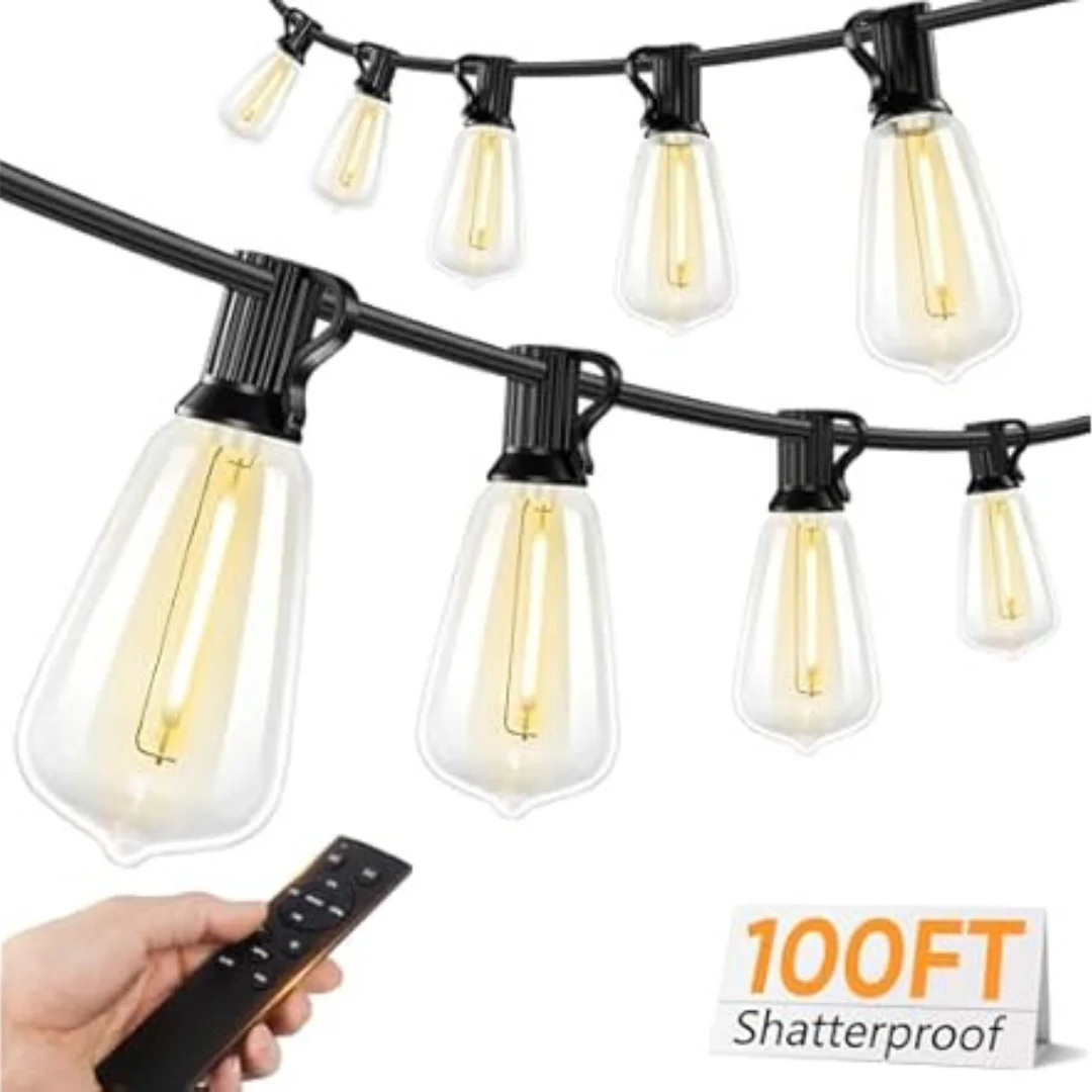 100-Feet Commercial Grade Outdoor LED String Lights w/Dimmable Edison Bulbs