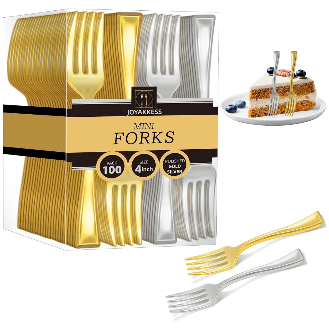 100-Piece 4'' Heavy-Duty Gold & Silver Mini Fork Set