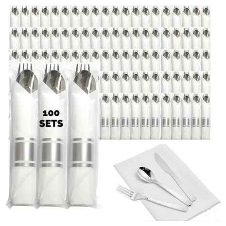 100 Pre-Rolled Plastic Silverware Sets with Napkins
