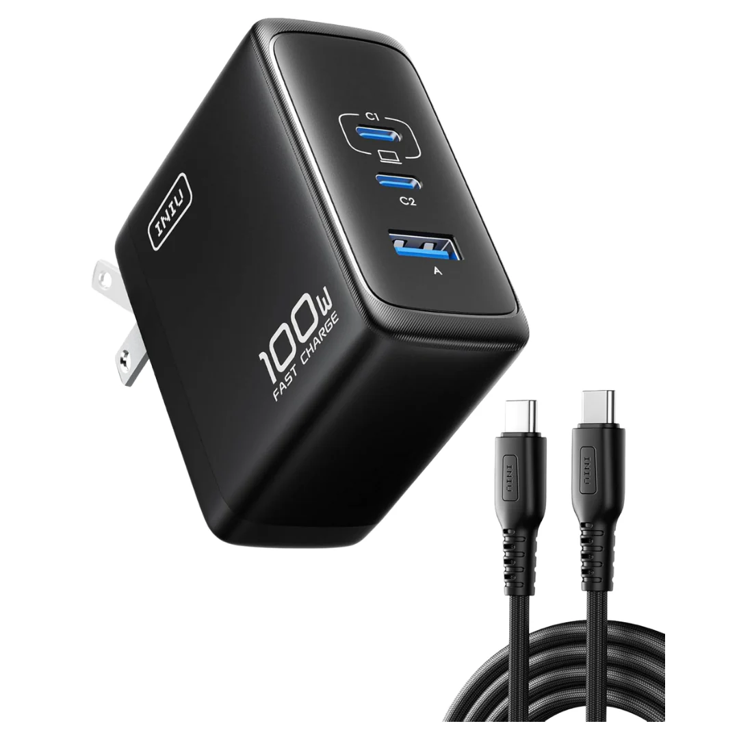 100W INIU 3-Port Compact Foldable GaN USB-C Wall Charger With Cable