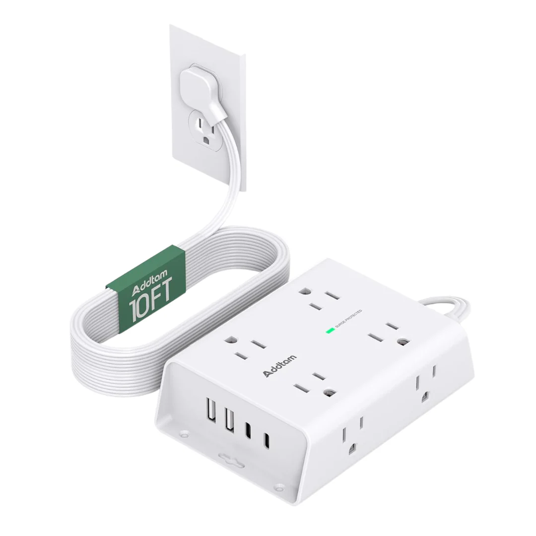 10ft Flat Plug Extension Cord With Surge Protector