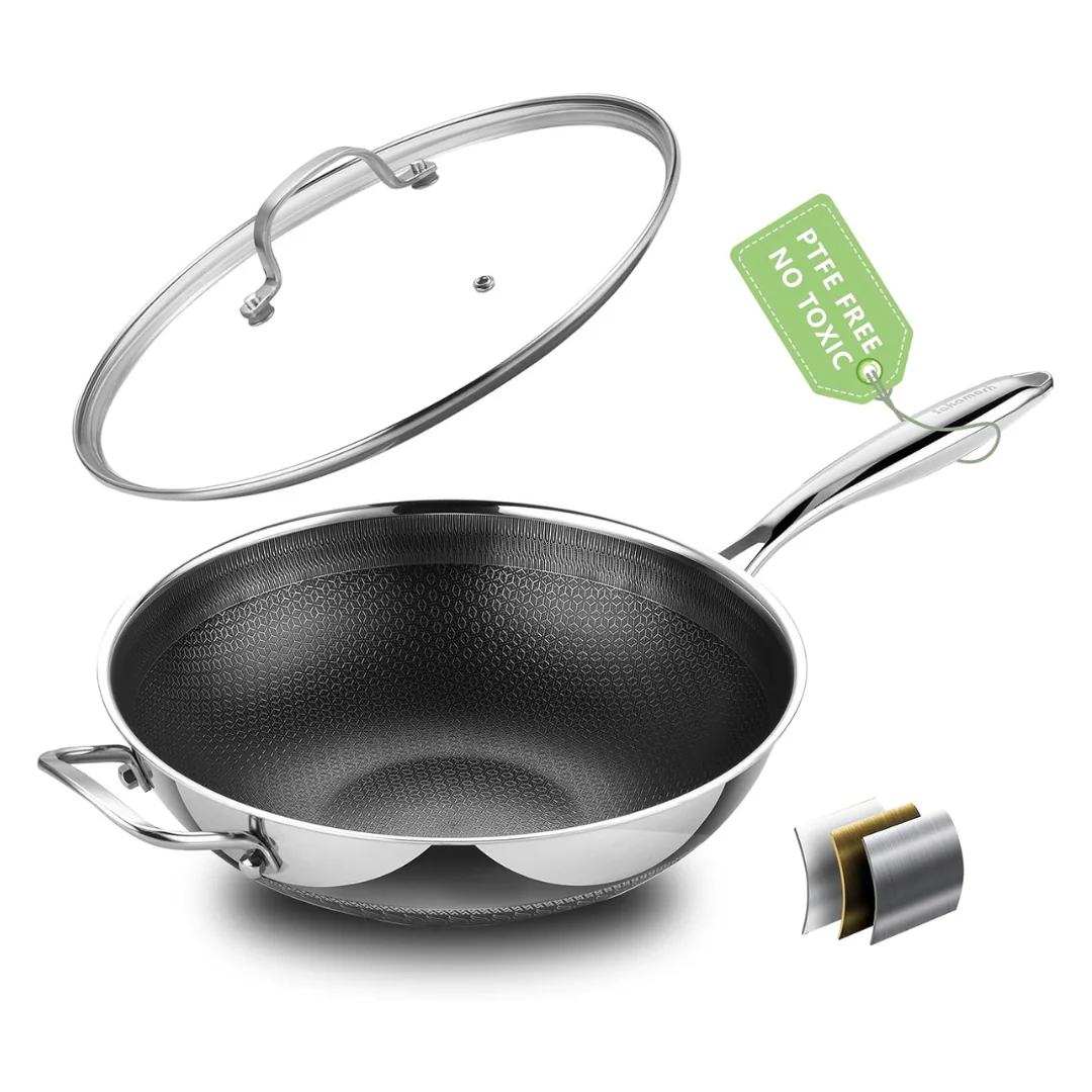 12" 5-Qt Stainless Steel Deep Woks & Stir-Fry Pans W/ Lid & Flat Bottom (Various)
