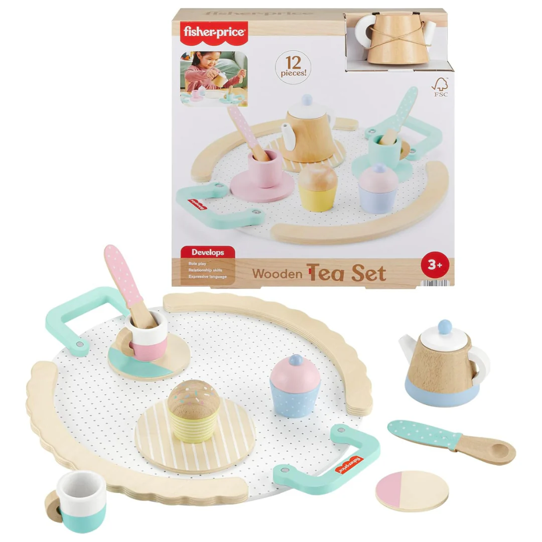 12-Piece Fisher-Price Wood Pretend Play Toy Tea Set