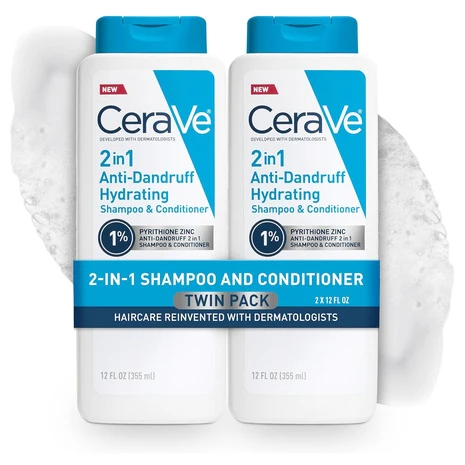 2 Bottles CeraVe 2-in-1 Hydrating Anti-Dandruff Shampoo & Conditioner