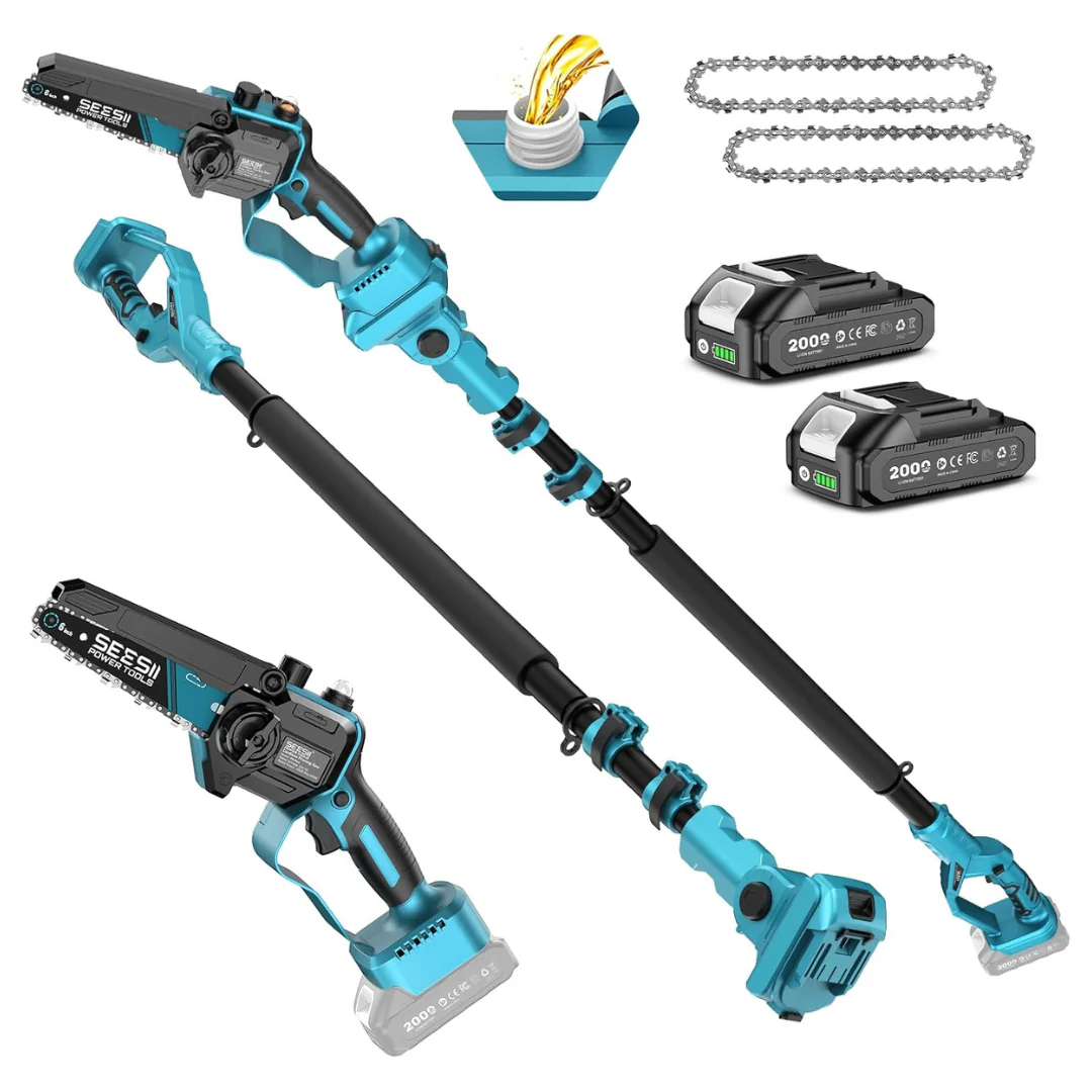 2-in-1 Cordless Electric Pole Saw & 6 Mini Chainsaw W/ Pole & 2 Batteries