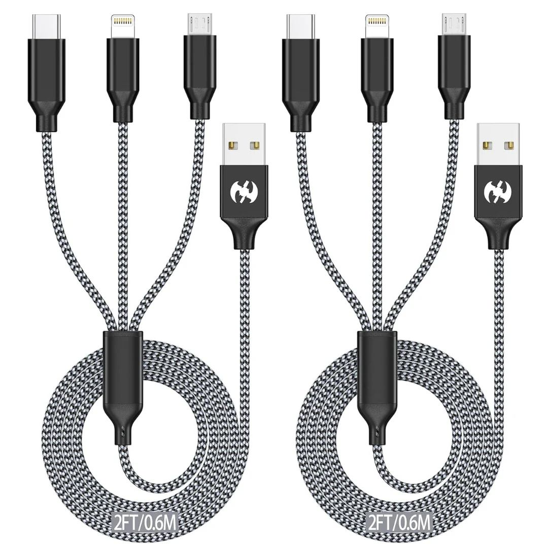 2-Pack 2ft Multi Charging 3 in 1 Charger Cord