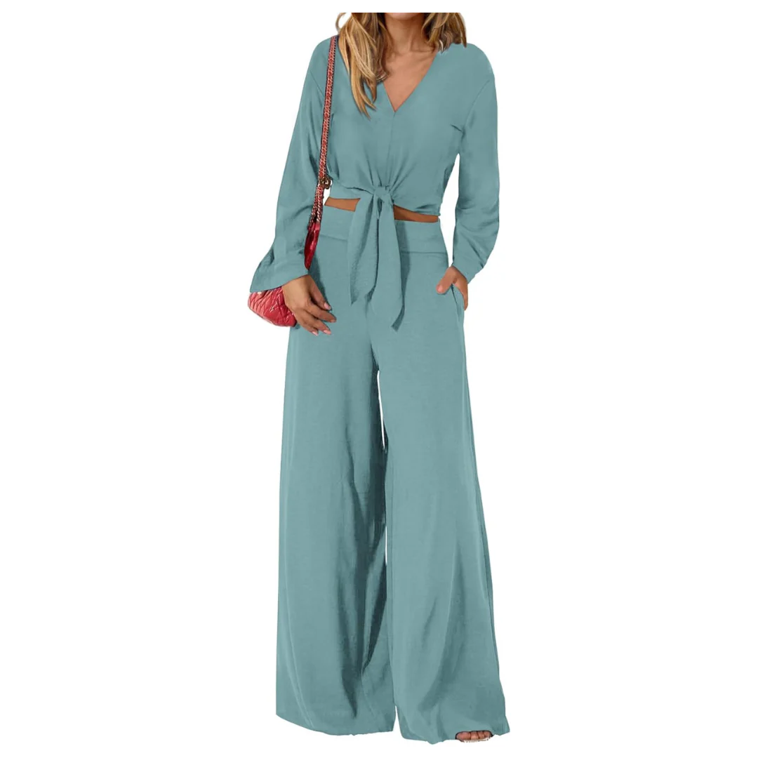 2-Piece Women's V Neck Long Sleeve Outfits