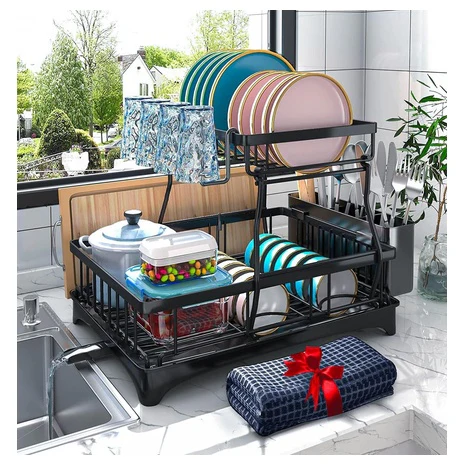 2-Tier Dish Drying Rack with Auto-Drain Mat