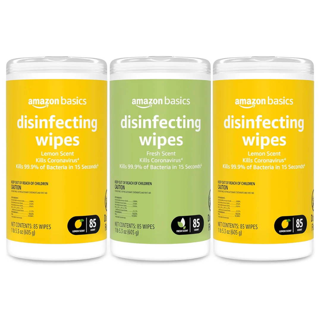 255-Count (3pk x 85ct) Amazon Basics Lemon & Fresh Scent Disinfecting Wipes