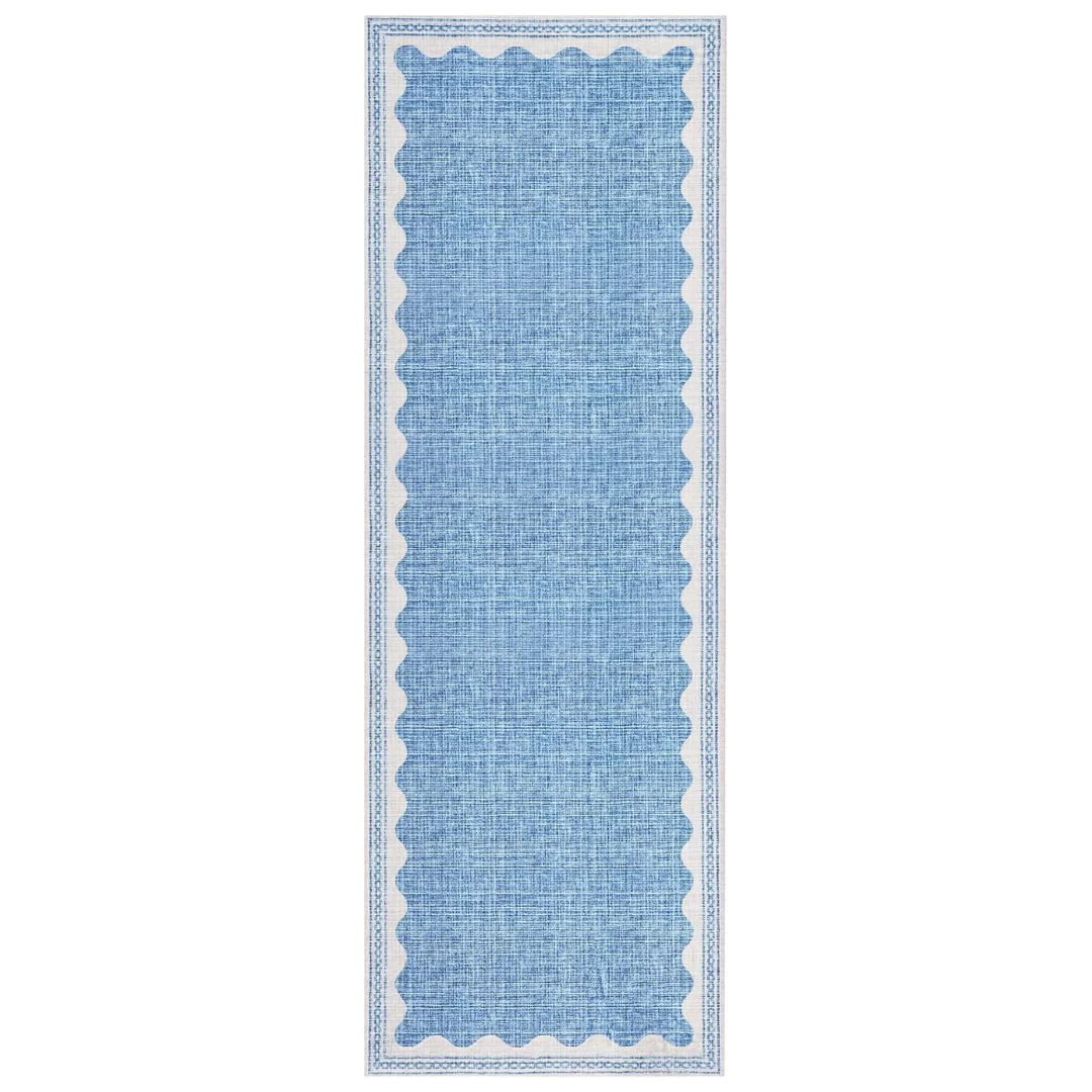 2x6 Solid Blue Non Slip Scalloped Runners