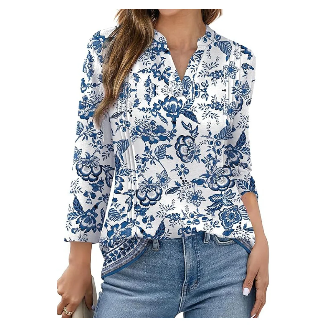 3/4 Length Sleeve Women's Casual V Neck Fashion Trendy Shirts