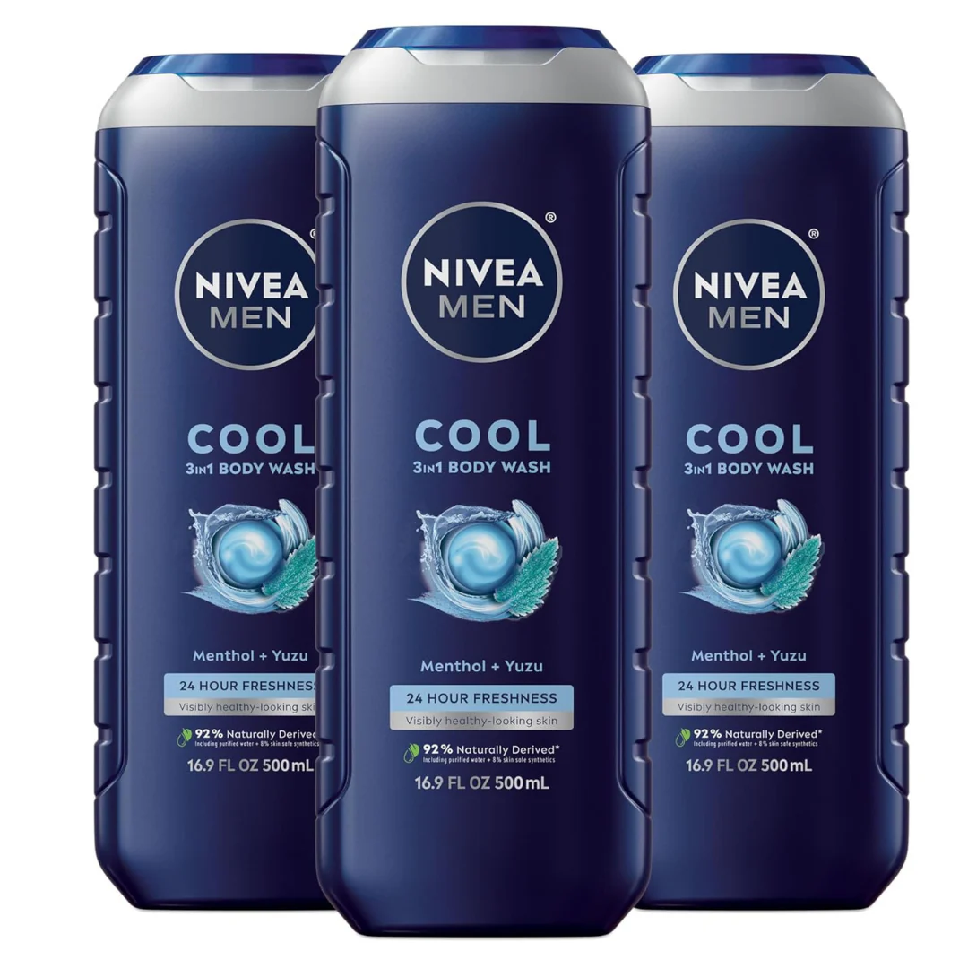 3 Bottles Of NIVEA MEN Cool Body Wash, Icy Menthol And Yuzu Scent, 3-in-1 Men’s Body Wash, Face And Hair