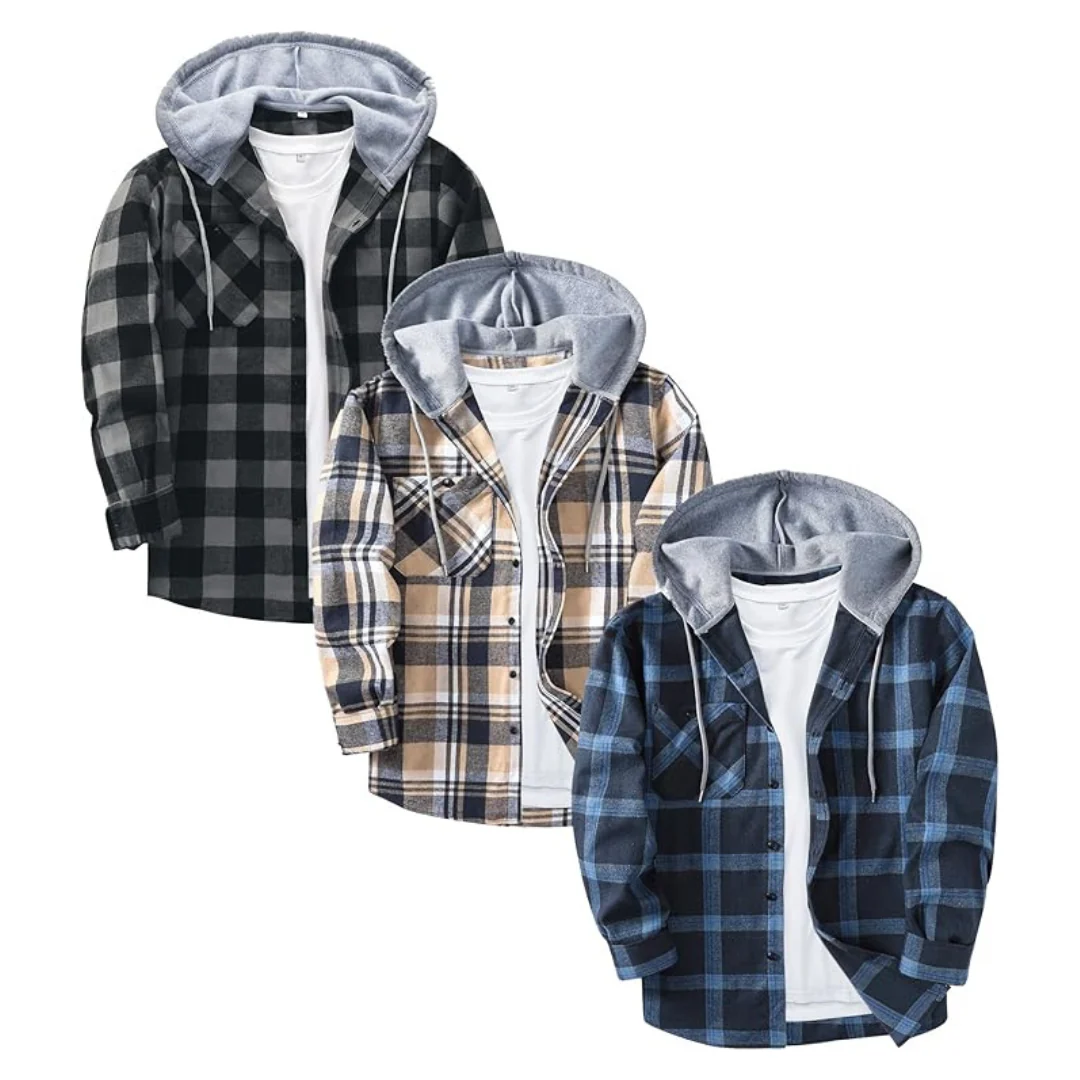 3-Pack Men's Vintage Plaid Flannel Hoodie Shirts (Various)