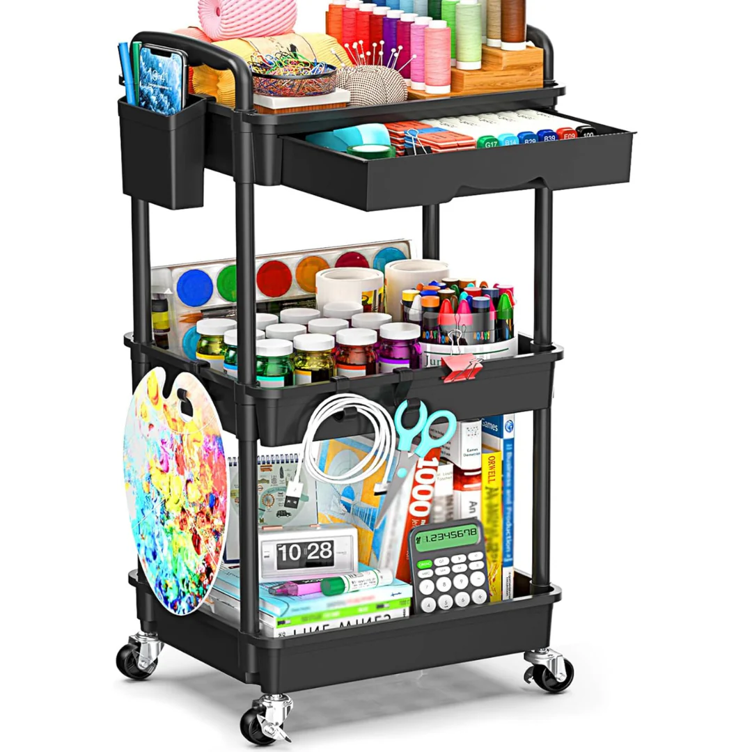 3-Tier Sunally Wide Rolling Storage Cart w/ Removable Drawer