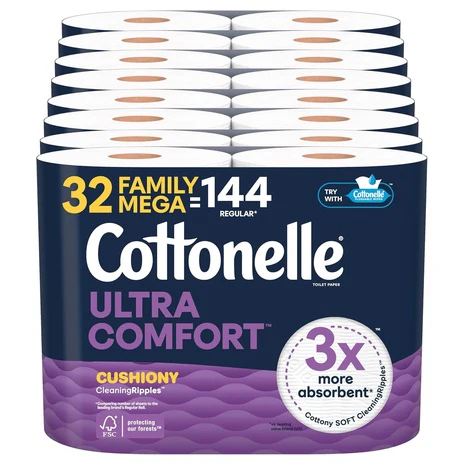 32 Family Mega (=144 Reg) Rolls of Cottonelle Ultra Comfort Toilet Paper