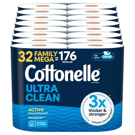 32 Family Mega (=176 Reg) Rolls of Cottonelle Ultra Clean Toilet Paper