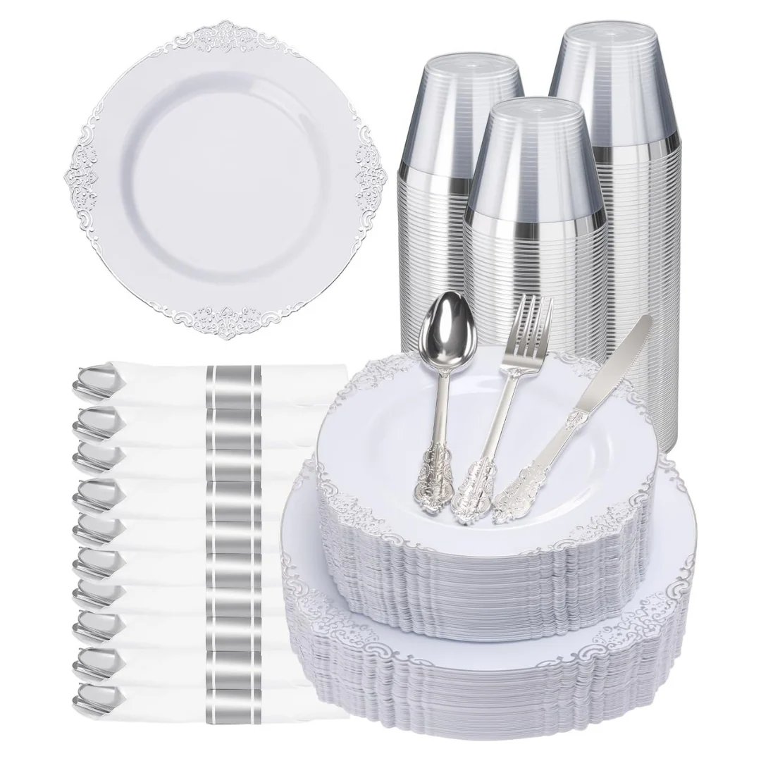 350-Piece Silver Plastic Dinnerware Set For 50 Guests