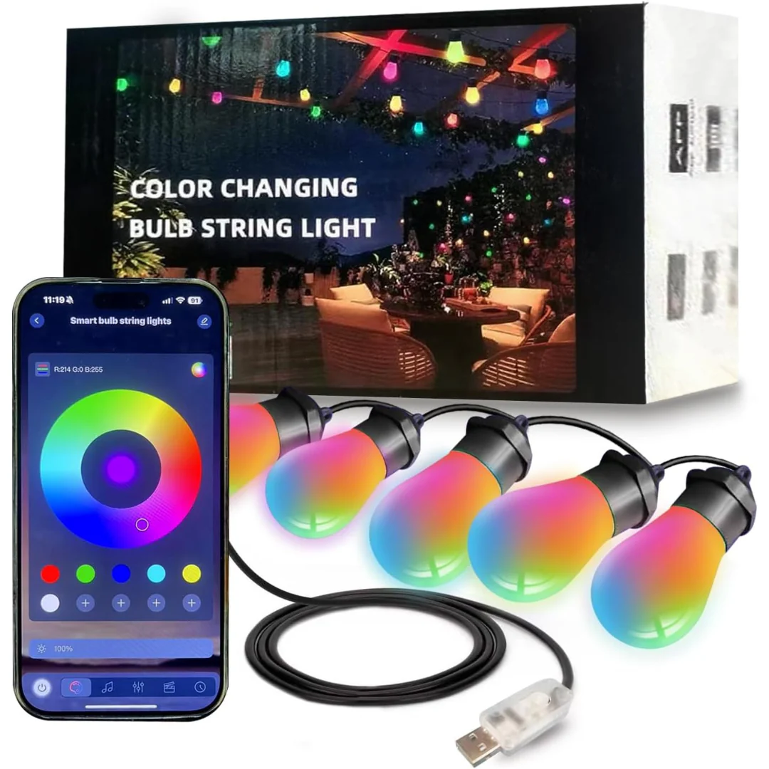 36' Smart Outdoor String Lights with 15 Dimmable RGB LED Bulbs