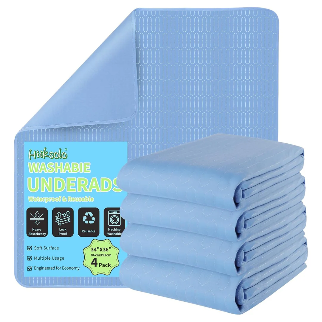 4-Pack Hiiksolo Reusable Leakproof Bed Pads (34" x 36")