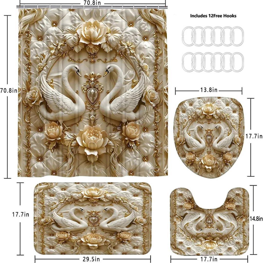 4 Pcs 3D Swan Shower Curtain Sets (Various)