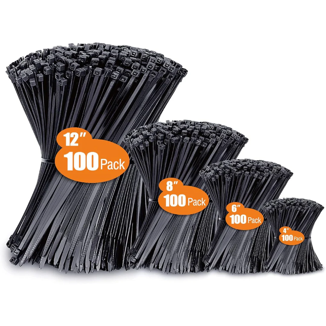 400-Pack Assorted Sizes UV Resistant Zip Wire Ties (Black)
