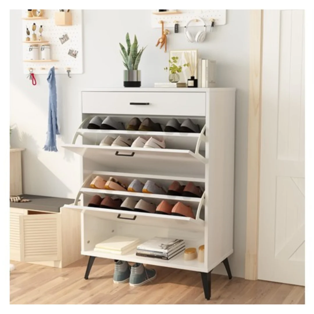 43.3" x 31.49" Shoe Organizer Cabinet W/ 2 Flip Cabinets & Open Shelves