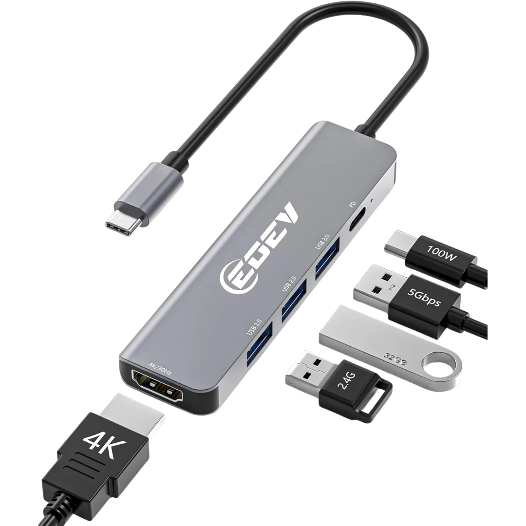 5-in-1 USB-C Hub Multiport Adapter W/ 4K HDMI & 100W PD Charging