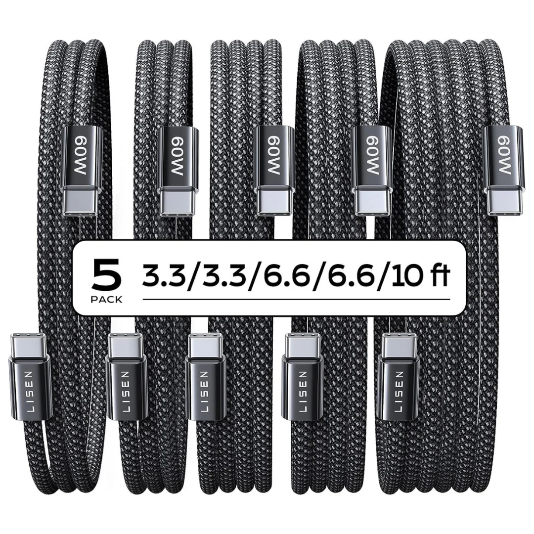 5-Pack Lisen 60W USB-C Braided Charger Cables (3.3/3.3/6.6/6.6/10 ft)