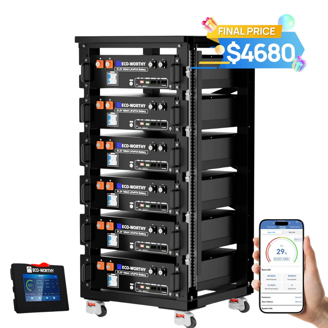 6-Pack ECO-WORTHY 48V 100Ah LiFePO4 Batteries + Battery Monitor + Server Rack