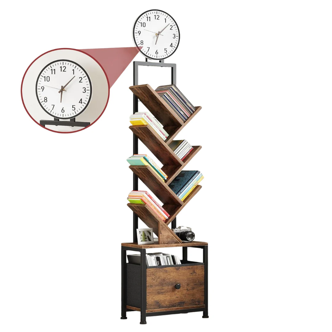 6 Tier Tree Bookshelf with Clock and Fabric Drawer