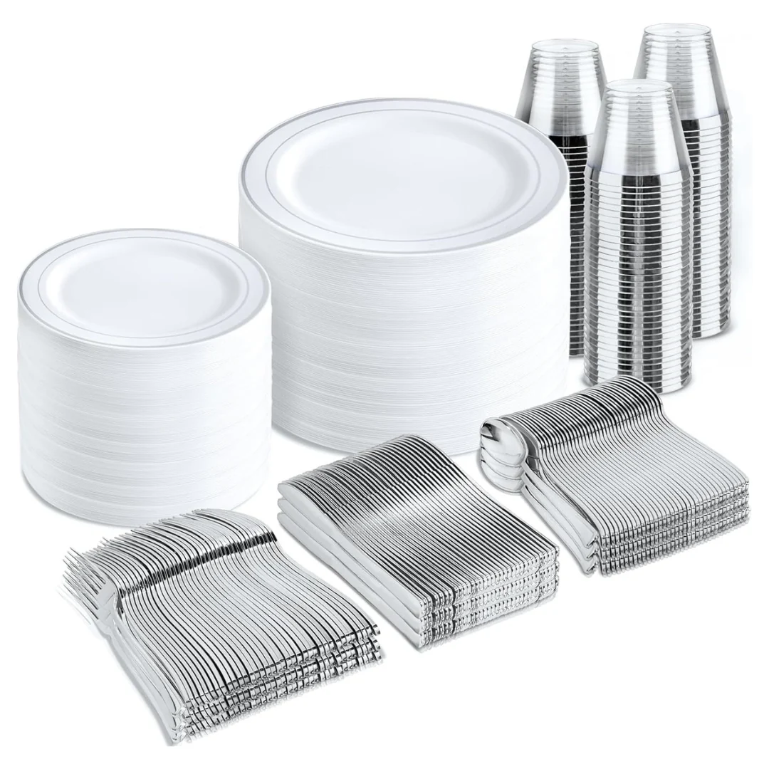 600-Piece Silver Plastic Disposable Dinnerware Set