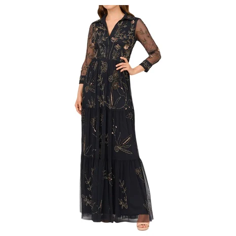 Adrianna Papell Women's Beaded Long Sleeve Maxi Dress