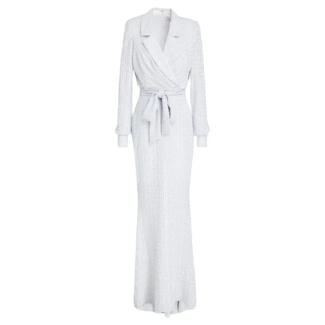 Badgley Mischka Embellished Wrap-Effect Lamé Gown
