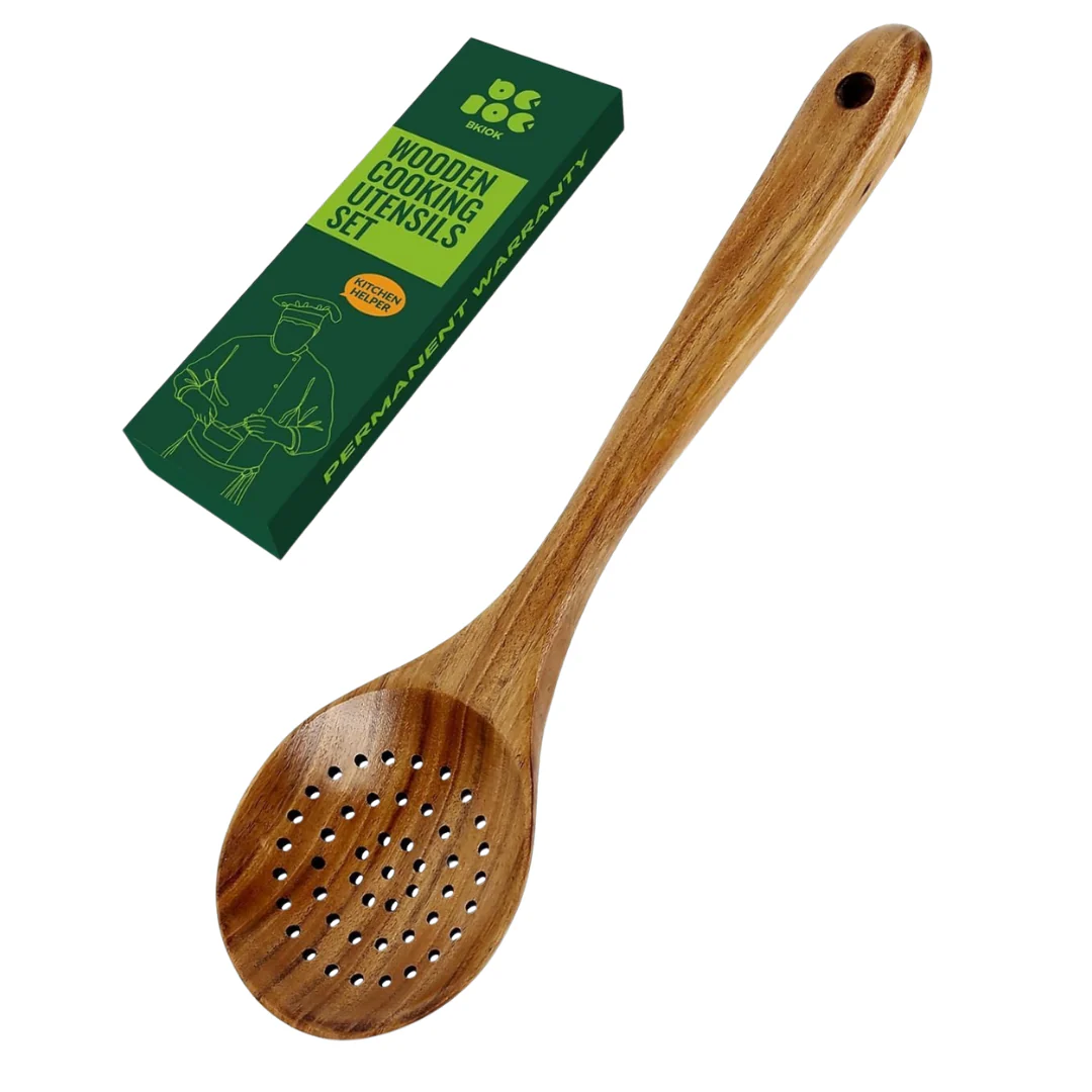 Bkiok Short Handle Wooden Strainer Spoon For Cooking