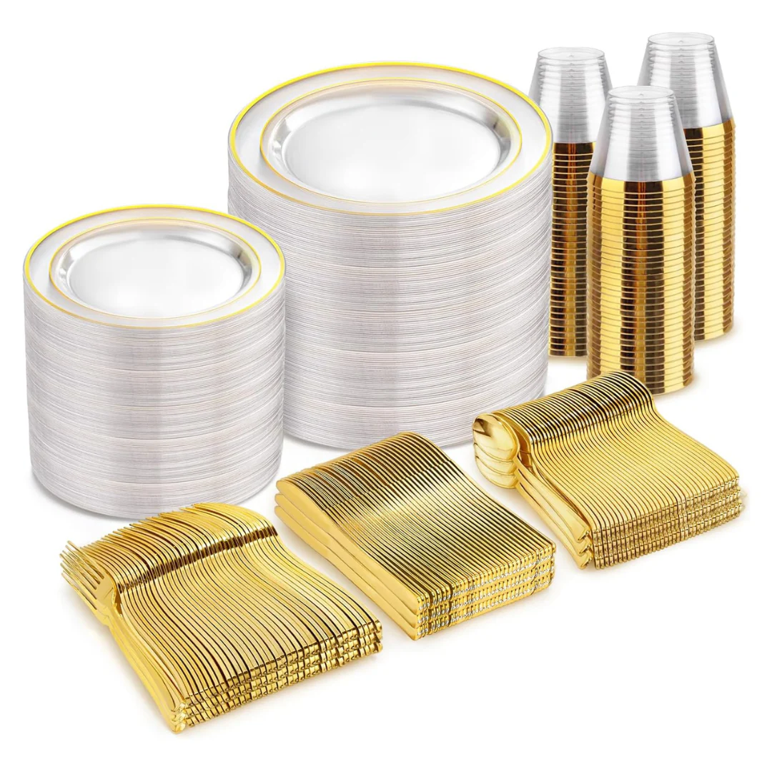 bUCLA 600 PCS Clear Plates With Gold Trim Plastic Disposable Dinnerware Set (Service For 100)
