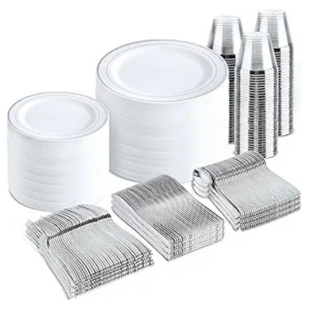 bUCLA 600 Pcs Silver Plastic Disposable Dinnerware Set For 100 Guests