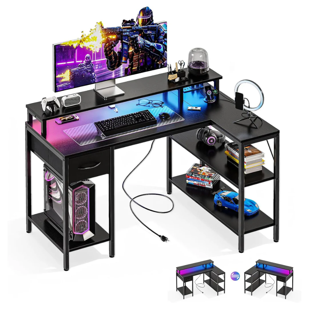 DUMOS 47" Gaming Desk With USB Charging Ports & LED Lights