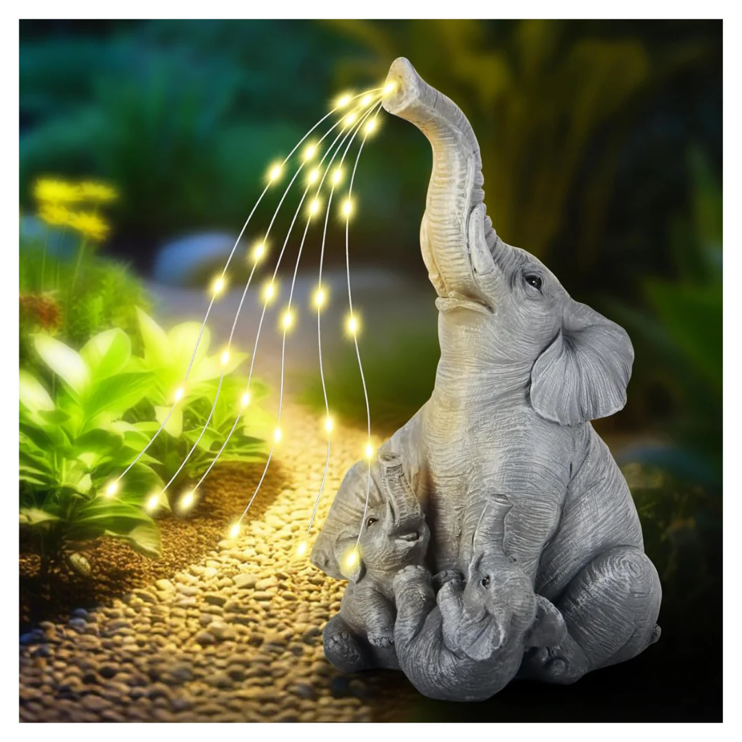 Elephant Family Resin Figurine Solar Garden Decor