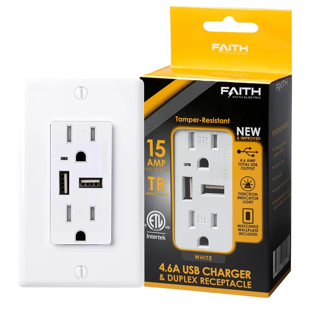 Faith 4.6A White USB Wall Outlet W/ 2 Outlets & 2 USB-A Charging Ports
