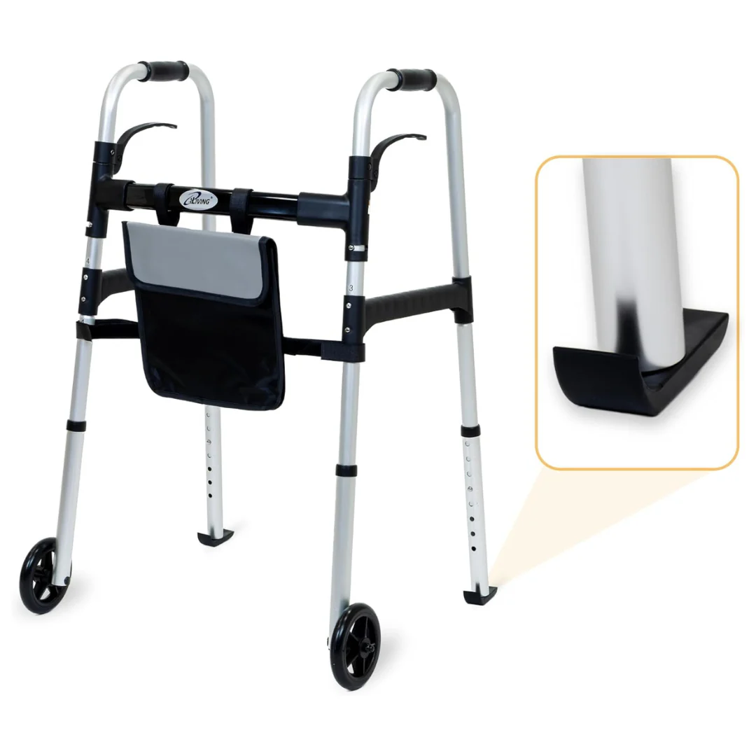 iLiving Easy Folding Rolling Walker W/ Basket & d Glide Skis