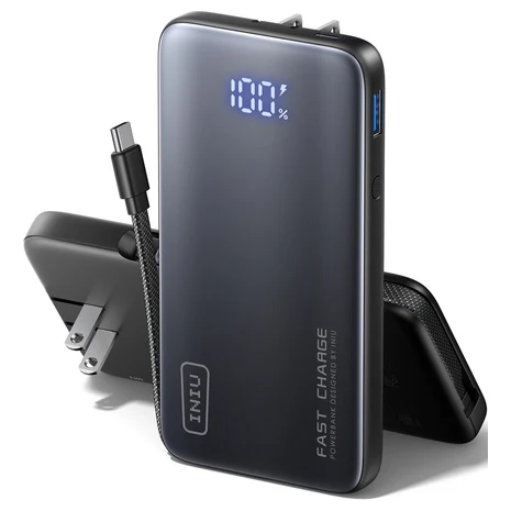 INIU 10000mAh 45W Portable Charger with Built-in Wall Plug & USB C Cable