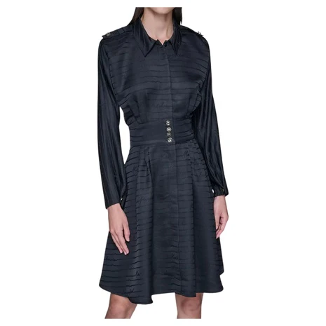 Karl Lagerfeld Paris Women's Tonal Long-Sleeve Collared Jacquard Dress`