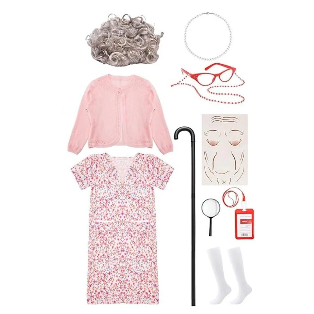 Kids Old Lady Costume Sets W/ Wig, Cane & Dress-Up Accessories