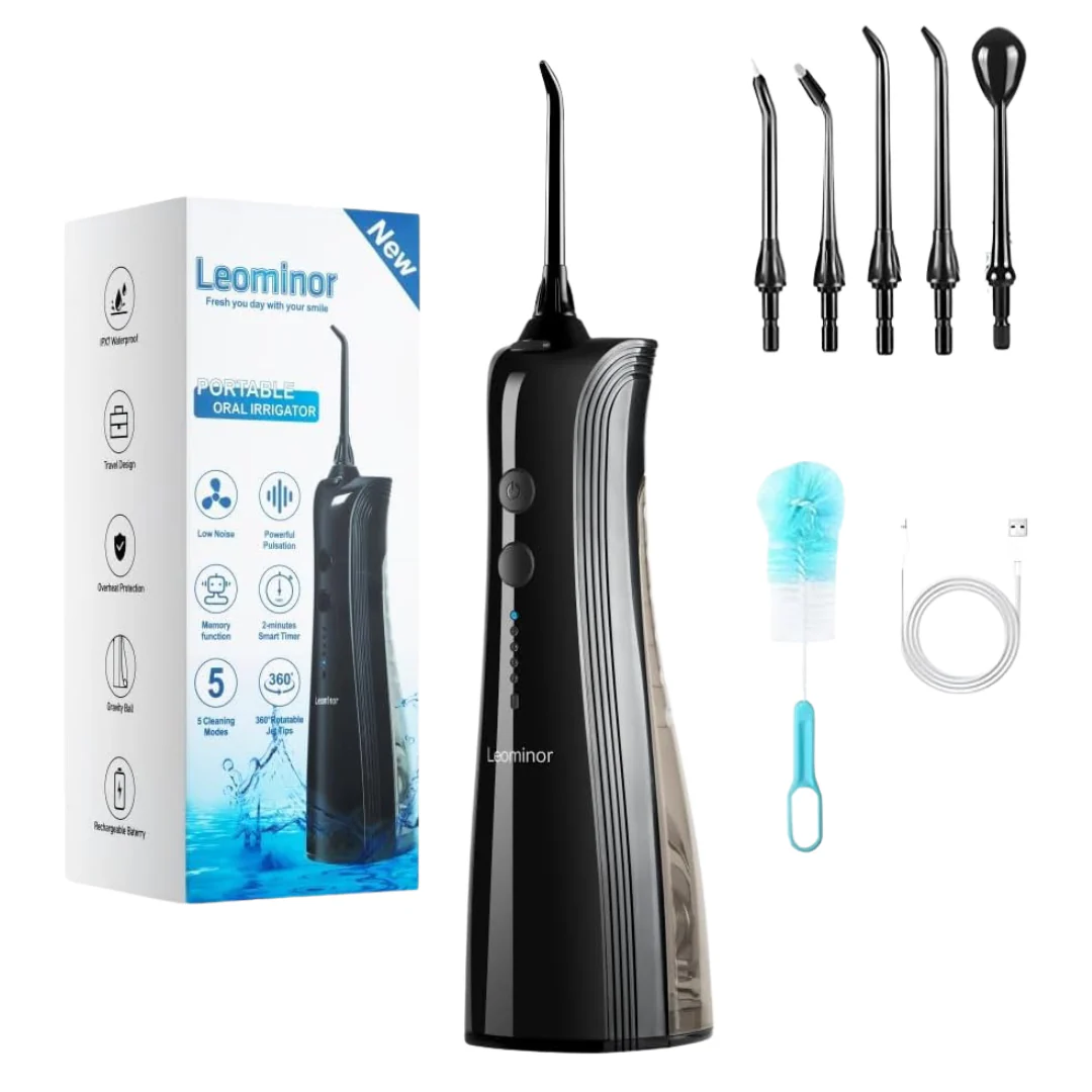 Leominor 230ml Cordless Rechargeable Water Dental Flosser (Black)