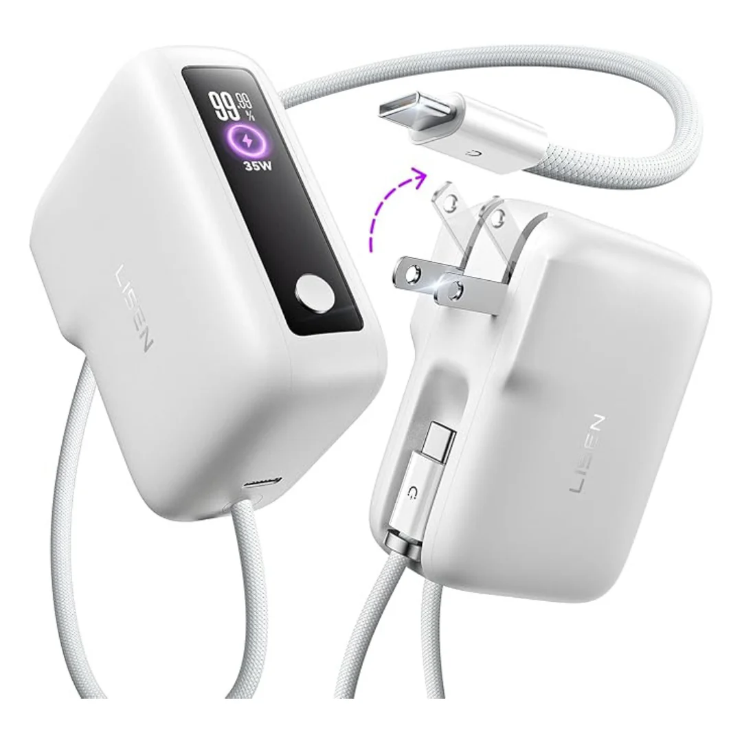 Lisen 3 in 1 Fast Travel Charger w/ Wall Plug & Built in Cable, 35W Power Bank