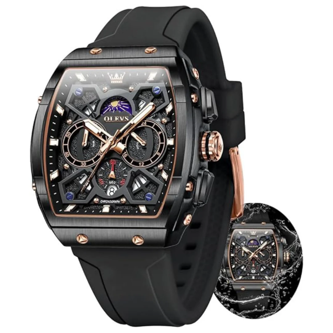 Men's Rubber Moon Phase Date Waterproof Fashion Watch