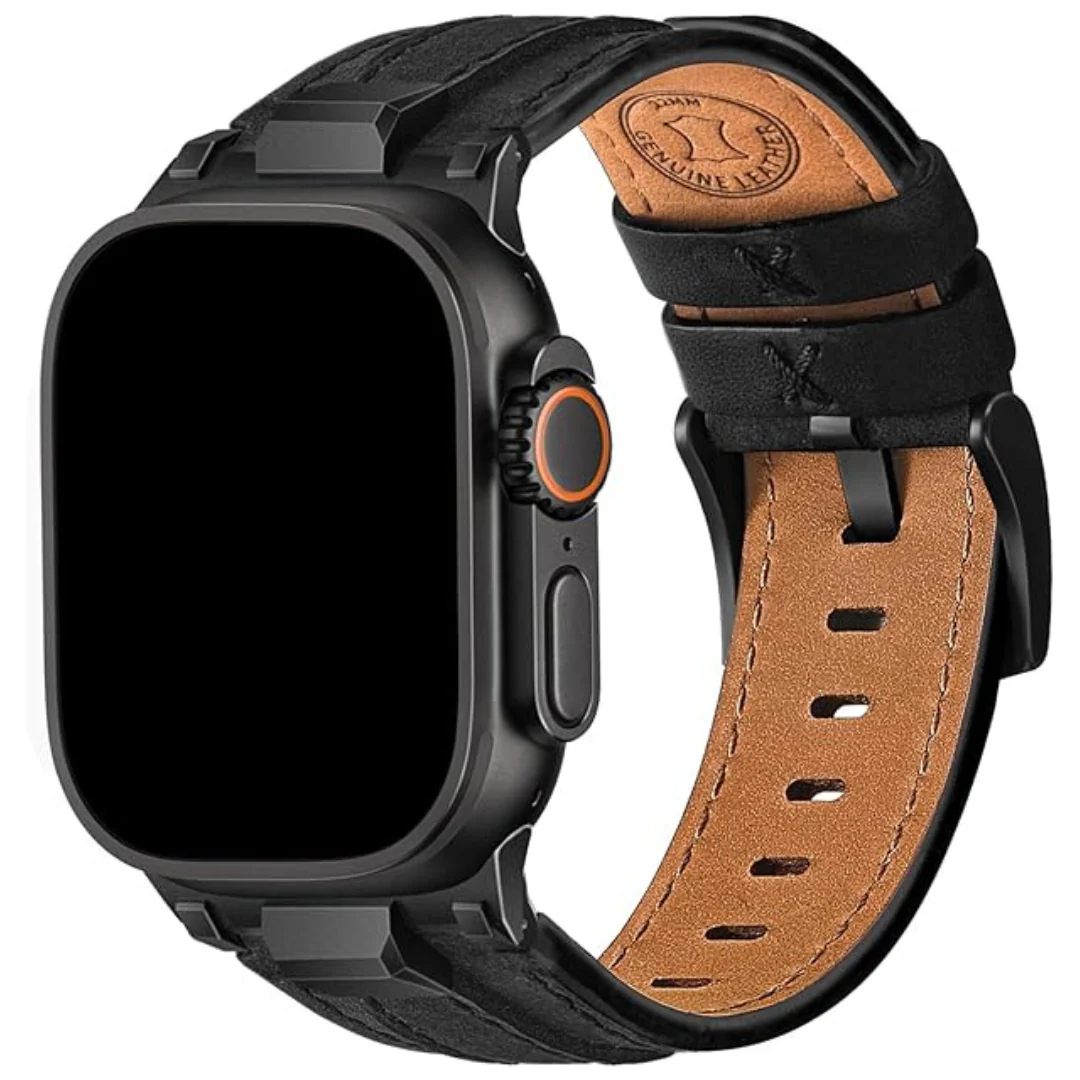 Metal Connector & Leather Apple Watch Band (49/46/45/44/42mm)